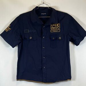 Parish Nation Men's Graphic Utility Shirt Navy Blue Short Sleeve Crew Patch XL